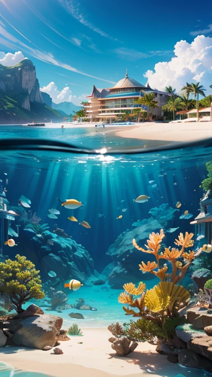 Hyper-realistic digital painting of a luxury underwater resort designed for the ultimate vacation experience. Elegant, bubble-shaped suites with panoramic views of the ocean offer guests a breathtaking view of marine life. The resort features a grand underwater ballroom, gourmet restaurants, and recreational areas with activities such as scuba diving and underwater safaris. The scene is vibrant and opulent, showcasing the beauty and serenity of life beneath the waves. Cinematic composition, trending on ArtStation.