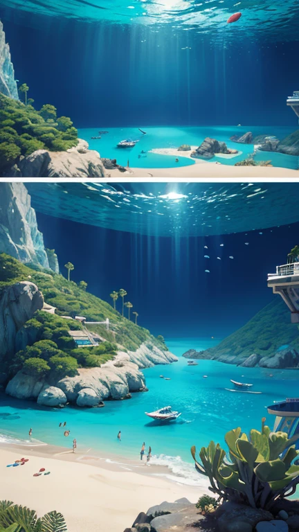 Hyper-realistic digital painting of a luxury underwater resort designed for the ultimate vacation experience. Elegant, bubble-shaped suites with panoramic views of the ocean offer guests a breathtaking view of marine life. The resort features a grand underwater ballroom, gourmet restaurants, and recreational areas with activities such as scuba diving and underwater safaris. The scene is vibrant and opulent, showcasing the beauty and serenity of life beneath the waves. Cinematic composition, trending on ArtStation.