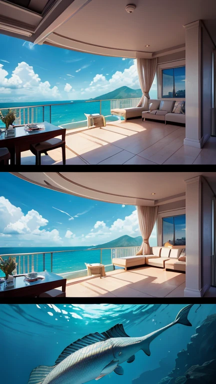Hyper-realistic digital painting of a luxury underwater resort designed for the ultimate vacation experience. Elegant, bubble-shaped suites with panoramic views of the ocean offer guests a breathtaking view of marine life. The resort features a grand underwater ballroom, gourmet restaurants, and recreational areas with activities such as scuba diving and underwater safaris. The scene is vibrant and opulent, showcasing the beauty and serenity of life beneath the waves. Cinematic composition, trending on ArtStation.