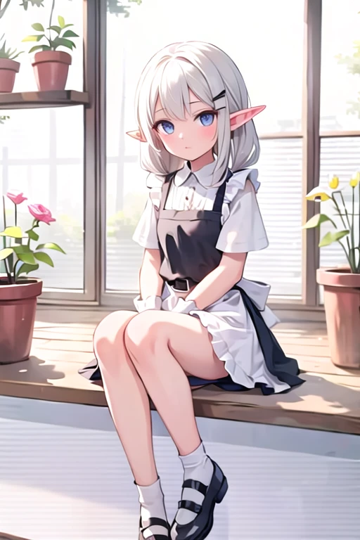 (masterpiece), One Girl, alone, shirt, (Elf:1.6)、Gray Hair、Medium Hair,Low Twintails, (Beautiful old girl:1.6), flower, collared shirt, Hair Bun, shoes下, Long Hair, black shoes下, gloves, apron, Holding, Sitting, hair ornaments, blush, Lips parted, bangs, View your audience, yellow flower, Pink footwear, white shirt, Knee-length, whole body, skirt, Rose, Potted plants, Double Bang, Hair Clip, shoes, grey skirt