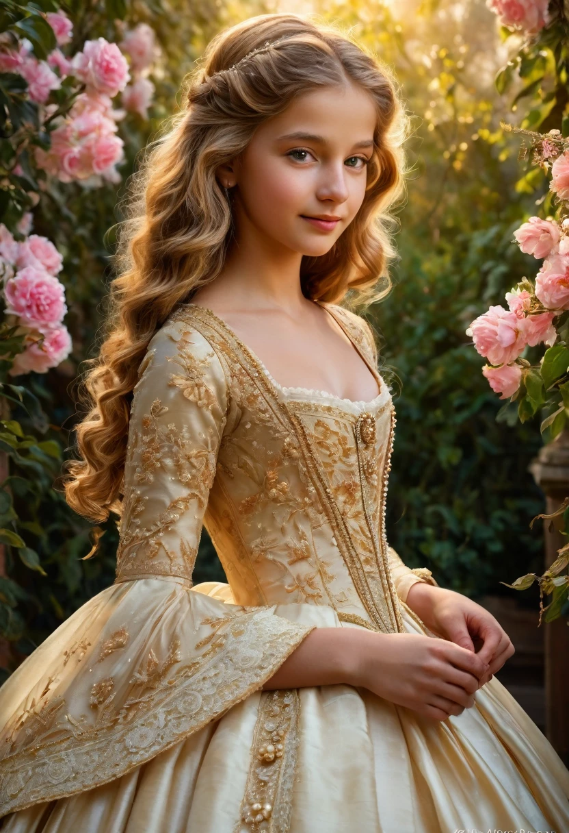 (best quality,4k,8k,highres,masterpiece:1.2), ultra-detailed, (realistic,photorealistic,photo-realistic:1.37),In the portrait of this enchanting 13-year-old girl, the daughter of a prosperous merchant during the flourishing 17th century in the Netherlands, every brushstroke captures the essence of her youth and nude  innocence.

Her golden locks cascade in gentle waves, adorned with ribbons and pearls that speak of her family's affluence. Each curl seems to dance in the light, framing her cherubic face with an air of purity and grace. Her eyes, wide and bright, reflect the curiosity and wonder of childhood, as if every glance is filled with endless possibilities.

Her rosy cheeks flush with vitality, a testament to her health and happiness in the embrace of her privileged upbringing. A delicate dimple graces her smile, adding a touch of sweetness to her countenance that is as charming as it is captivating.

Dressed in the finest silks and lace, her gown whispers softly with every movement, a symphony of luxury and refinement. Embroidered motifs and intricate details adorn her attire, showcasing the exquisite craftsmanship of the era and her family's esteemed status in society.

In her hands, she holds a posy of fresh flowers, their vibrant colors mirroring the bloom of her youth. With each delicate petal, she seems to embody the essence of spring itself, a beacon of hope and renewal in a world filled with uncertainty.

This portrait of the 12-year-old daughter of a prosperous Dutch merchant is not just a representation of beauty; it's a window into a bygone era of elegance, privilege, and the timeless innocence of youth.