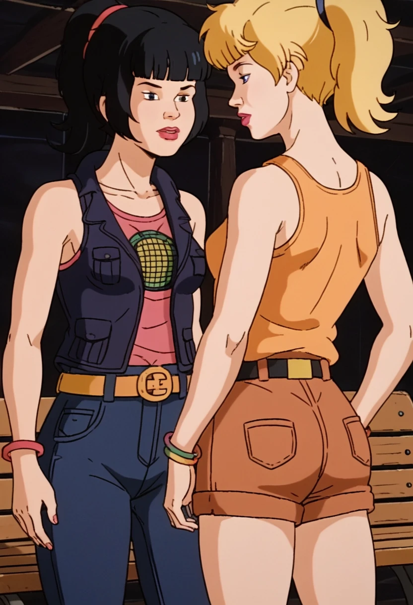 score_9, score_8, score_7, score_8_up, score_7_up, score_6_up; 2girls: (((xgix,black hair,bob cut,blunt bangs,brown eyes,lipstick,bracelet, tank top, belt, brown shorts, small breasts, lies on back))); (((xlinkax, blonde hair, ponytail, blue eyes, medium breasts, tank top, belt, brown shorts))). lies on floor, by wooden bench, sunshine, hugging, kissing, grab breasts and ass, covered nipples, french kiss, saliva , seductive, blushing, aroused, side view, spread ass, hand under tank top,