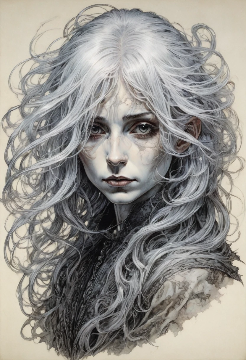 optical illusion, Black light art, conceptual artwork, por Arthur Rackham, (best qualityer, work of art, Representative work, offcial art, proffesional, 8k), white hair, white hair,