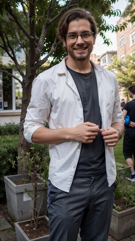 hipster man, wearing shirt and trousers, planting a tree, smile