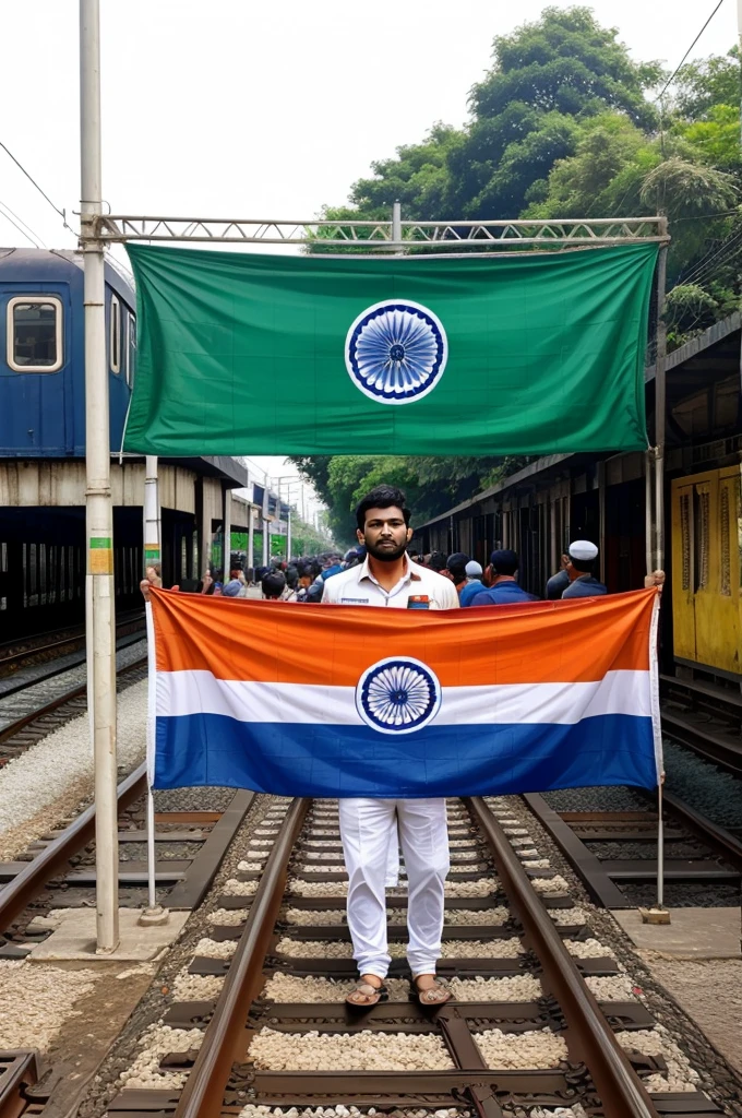 Indian flag on Train pushing people away from railtrack holding bangladesh flags
