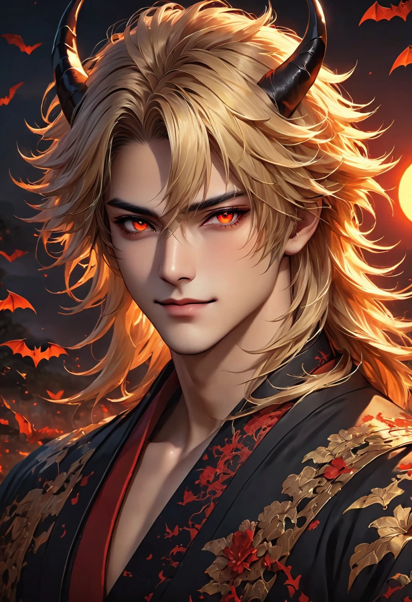 (Masterpiece, 8k, absurd, digital art, digital illustration, realistic, highly detailed, realistic lighting),senngoku,Draw a detailed anime style illustration in pixiv art style. The character is a beautiful male demon with long blond hair and sharp red eyes. He is dressed in a gorgeous dark fantasy style costume with black and gold decorations. He has large black horns on his head, and the background depicts a sunset sky and flying bats. He has a seductive smile and blood on his fingertips. The illustration is mysterious and dark, with soft lighting highlighting his delicate features and the smooth texture of his hair. 4K, Masterpiece, Top Quality