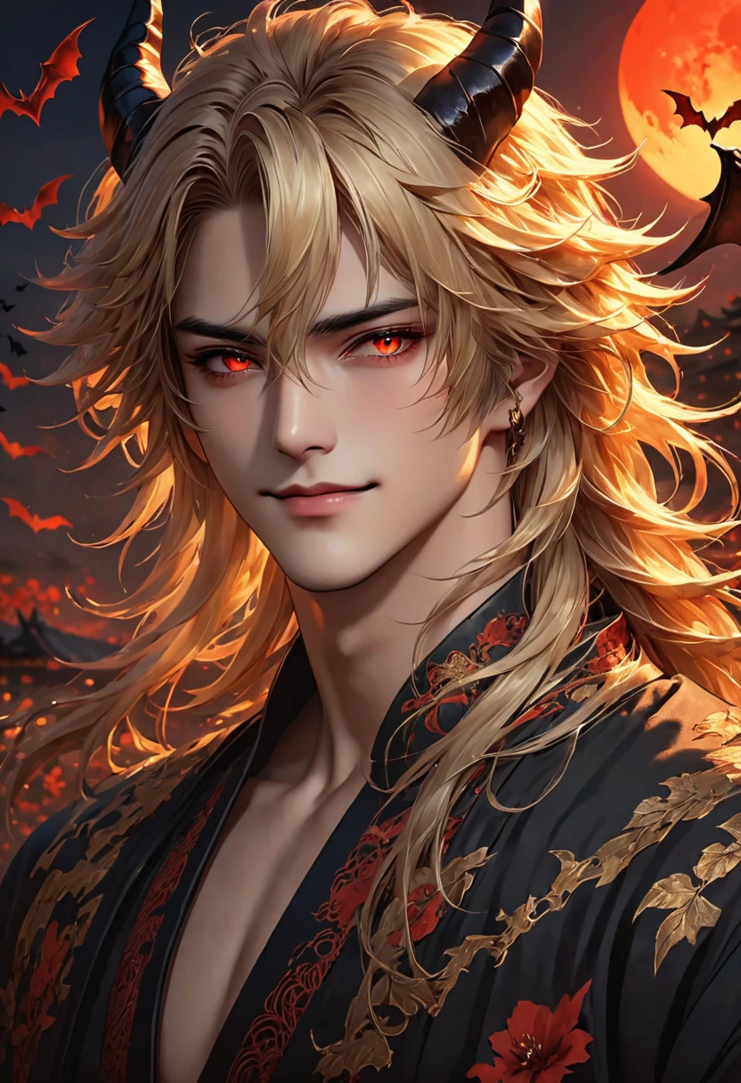 (Masterpiece, 8k, absurd, digital art, digital illustration, realistic, highly detailed, realistic lighting),senngoku,Draw a detailed anime style illustration in pixiv art style. The character is a beautiful male demon with long blond hair and sharp red eyes. He is dressed in a gorgeous dark fantasy style costume with black and gold decorations. He has large black horns on his head, and the background depicts a sunset sky and flying bats. He has a seductive smile and blood on his fingertips. The illustration is mysterious and dark, with soft lighting highlighting his delicate features and the smooth texture of his hair. 4K, Masterpiece, Top Quality