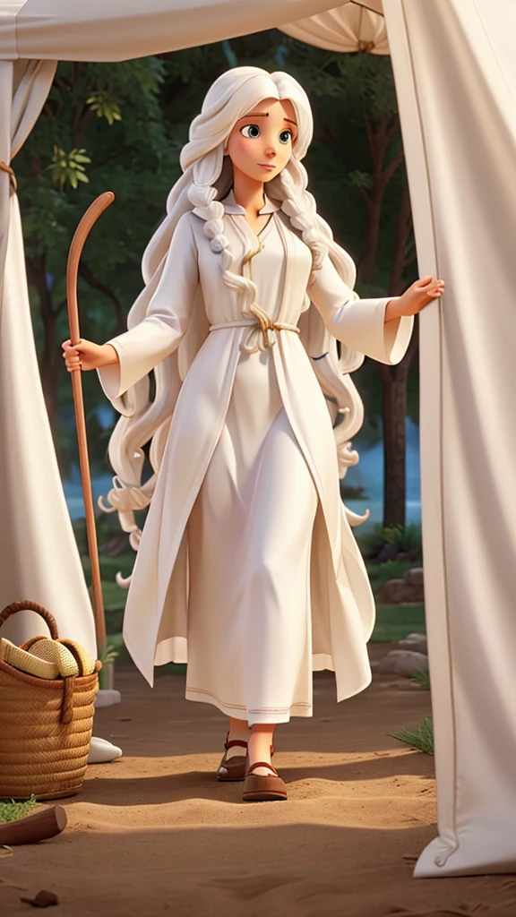 Woman with long white curly hair, White skin, long tunic clothing like jesus, behind a tent with a cane