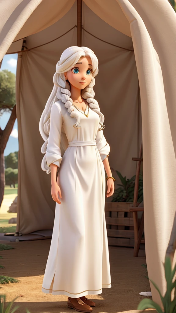 Woman with long white curly hair, White skin, long tunic clothing like jesus, behind a tent with a cane