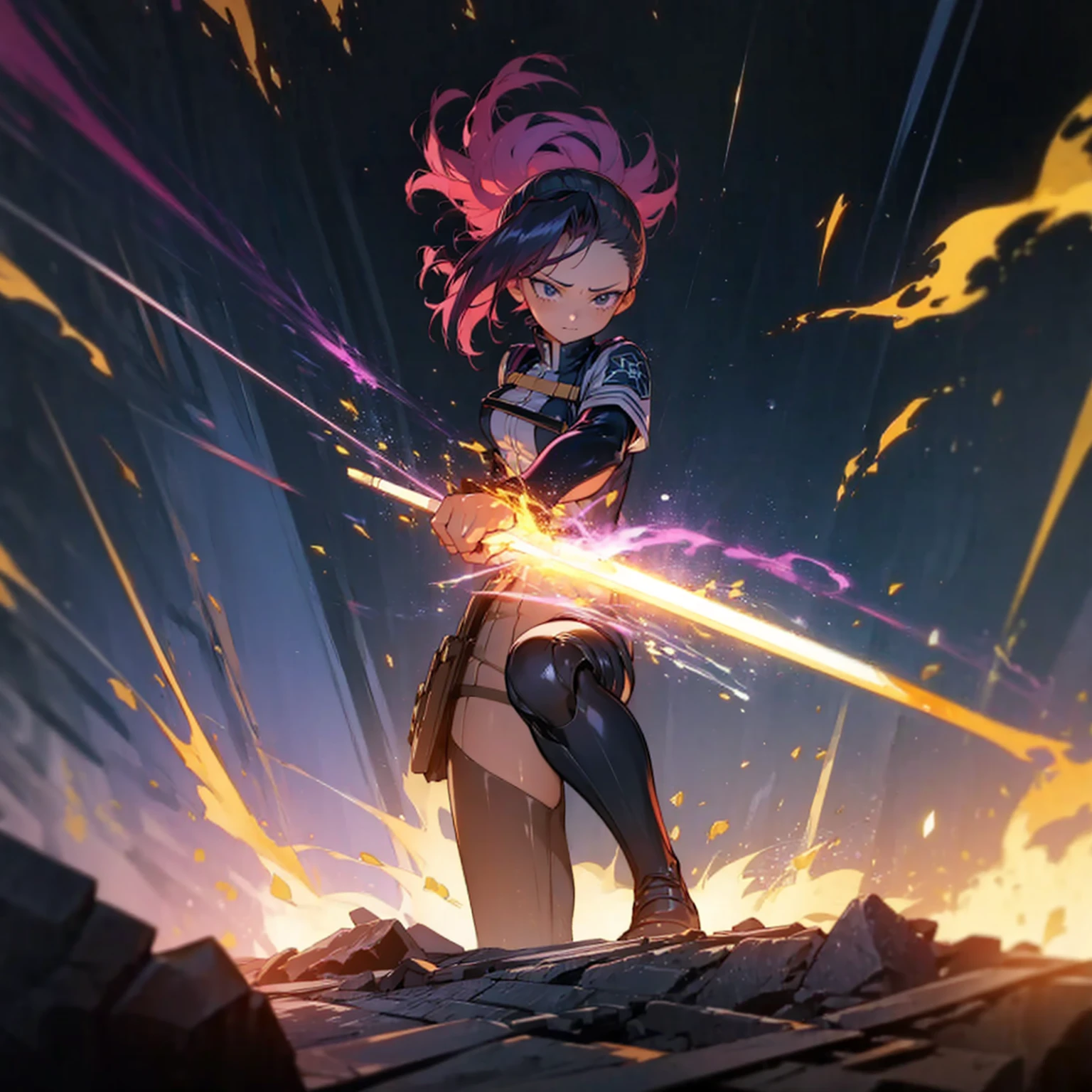 1girl, Full body version, 1character, black eyes, short Curly haircut, magenta color hair, army style clothing, blue colour clothing, full armor, boots army, Grassroots, background in field, motion blur, (kimetsu no yaiba style), Robotic sword in hand, fire, lighting fire, Blue light, silhouette, blue lightning, smoke, aura, smoke effect, aura effect, fire effect, angry eyes, standing gesture, high angle view