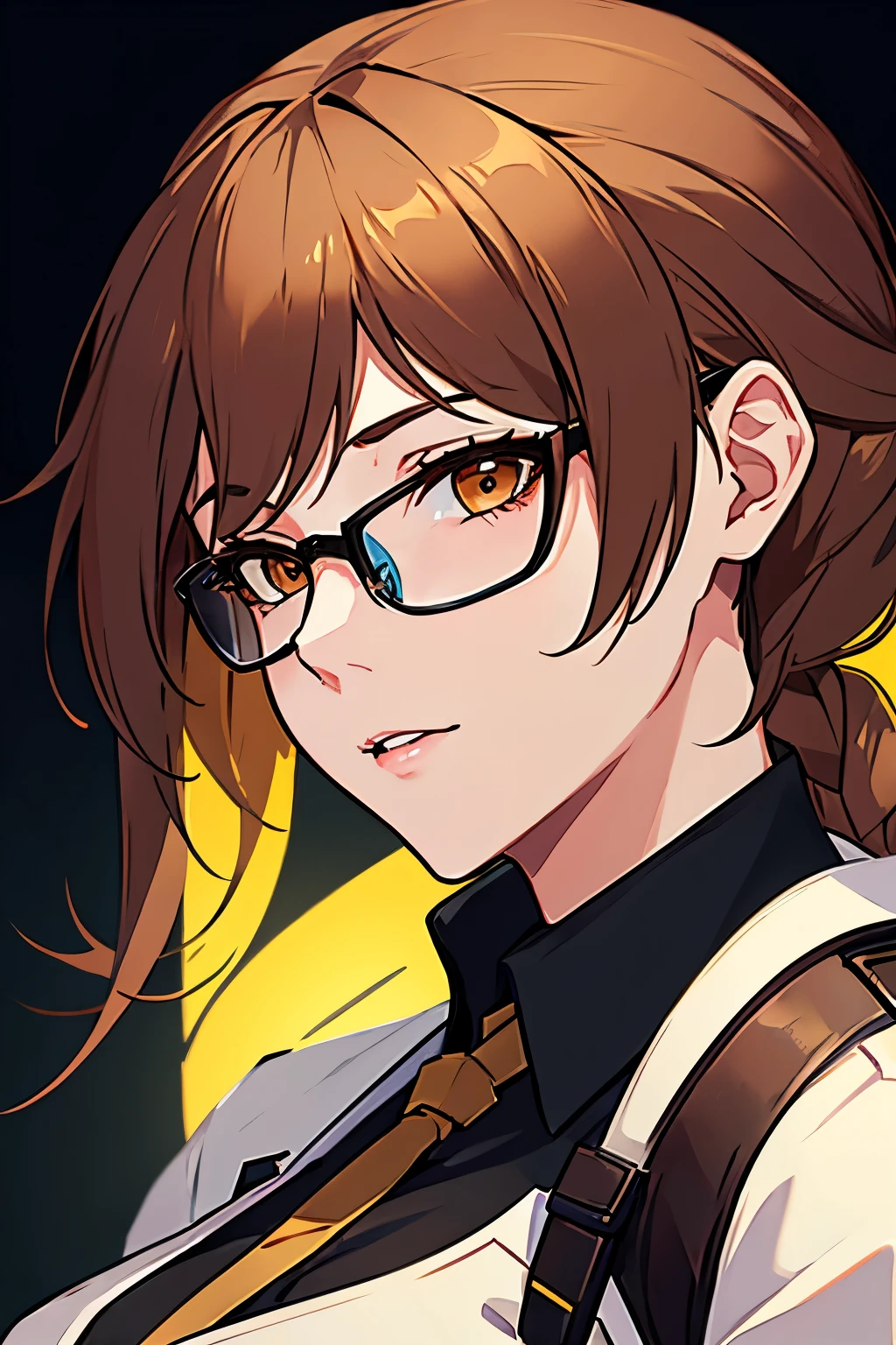 mercy from overwatch with brown hair and black glasses perfil face