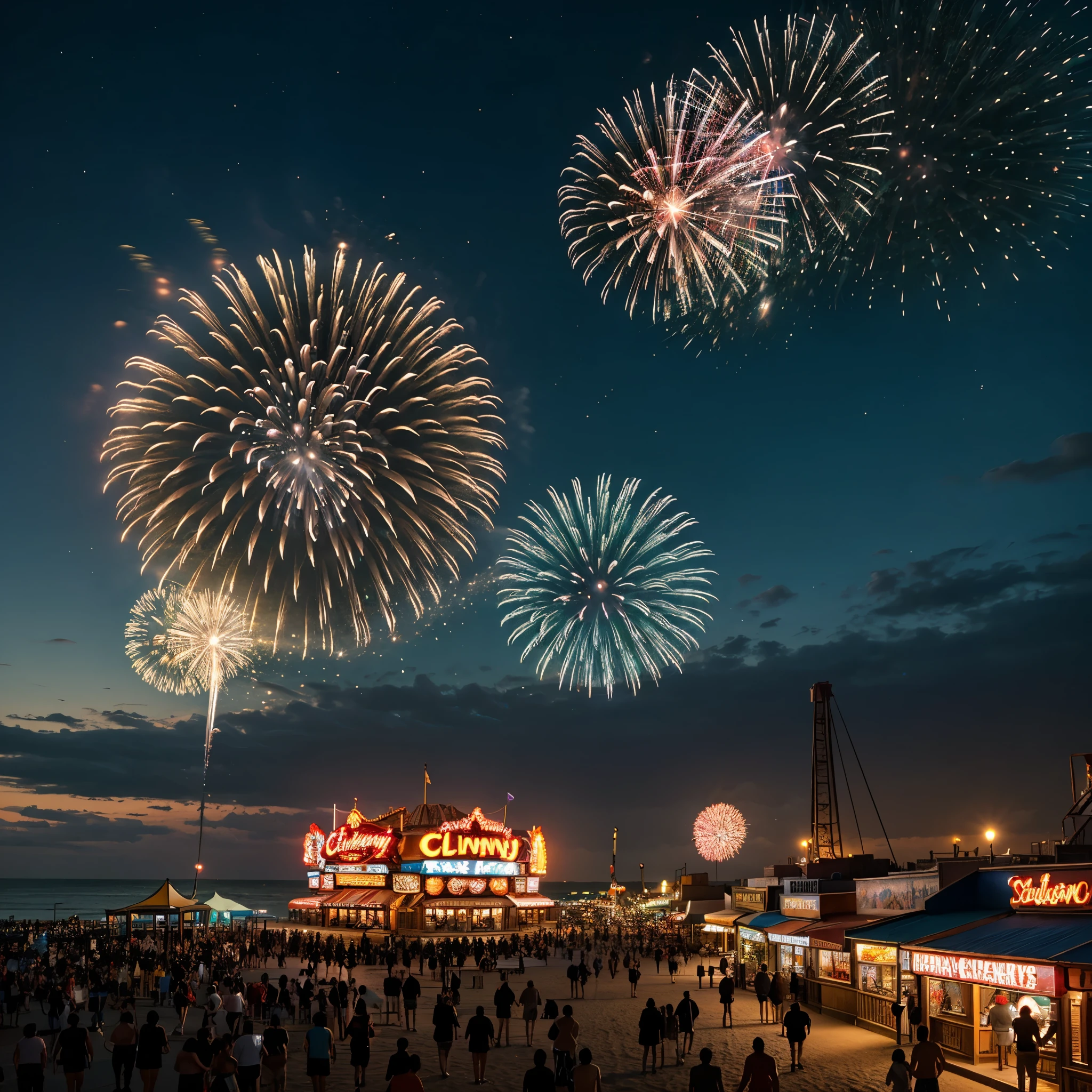 A vibrant nighttime scene at Coney Island, with a brilliant display of fireworks lighting up the sky in a spectrum of colors. In the foreground, the iconic amusement park features the Cyclone roller coaster, the Wonder Wheel Ferris wheel, and various brightly lit rides and attractions. The beach and boardwalk are bustling with excited visitors, families, and friends, all looking up in awe at the fireworks. The reflections of the fireworks shimmer on the ocean water, creating a magical and festive atmosphere