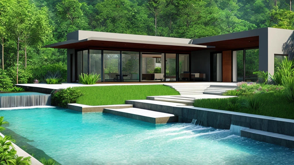 modern villa- forest- magical- realistic- waterfall