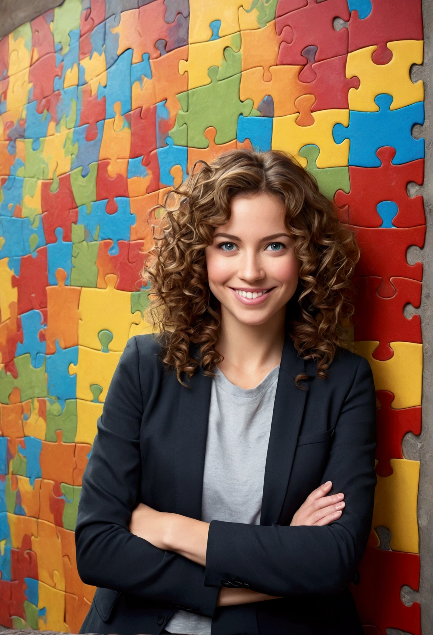 A 37 year old woman, with shoulder-length brown hair with lighter strands and very curly hair, round face with charming smile, blue colored eyes, full body, wearing an elegant gray shirt, black blazer, and black jeans and white sneakers. full - length portrait, behind a wall with red puzzle, cerulean, green and yellow. Develop this art in Full HD, Estilo Disney Pixar Animations
