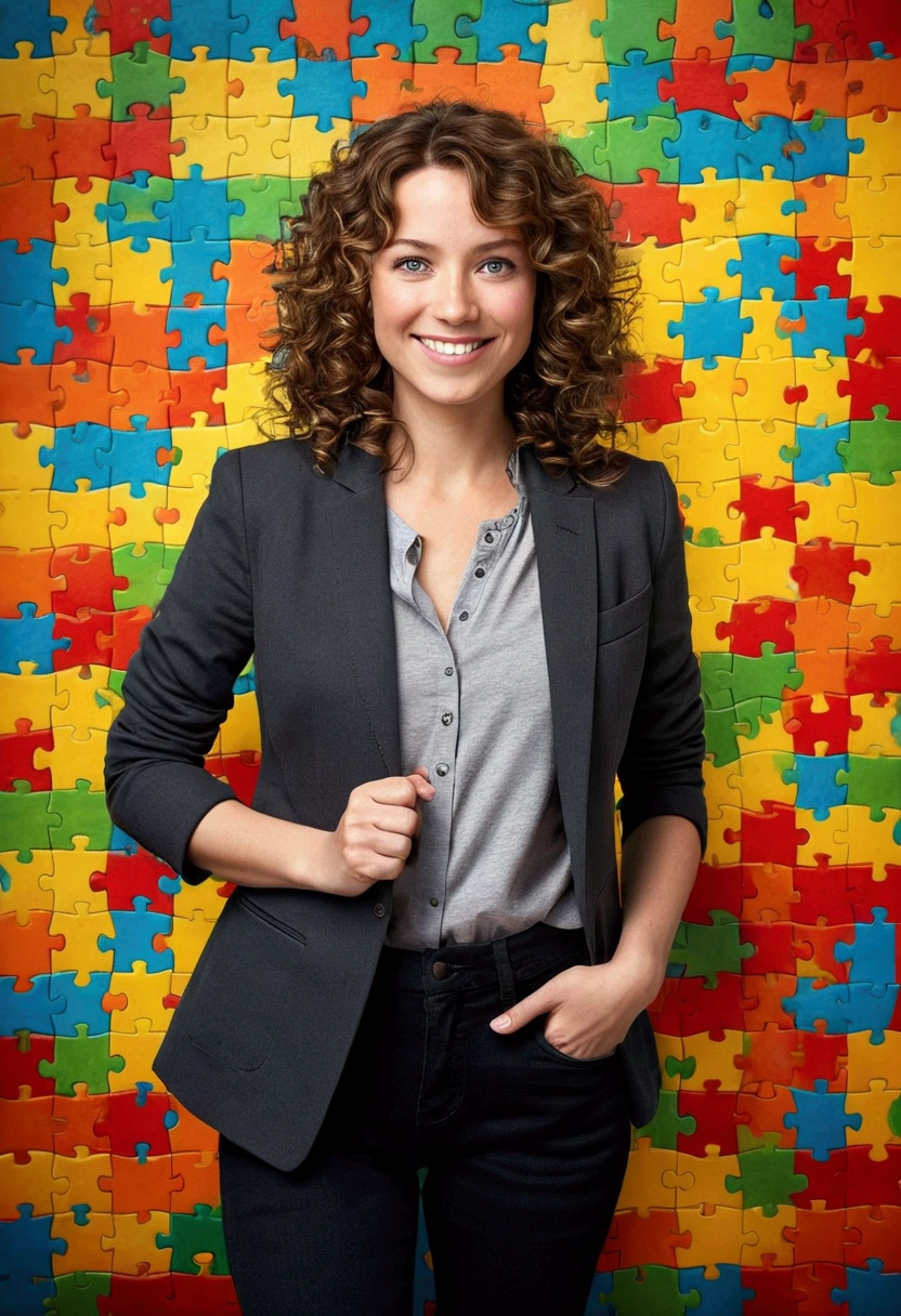 A 37 year old woman, with shoulder-length brown hair with lighter strands and very curly hair, round face with charming smile, blue colored eyes, full body, wearing an elegant gray shirt, black blazer, and black jeans and white sneakers. full - length portrait, behind a wall with red puzzle, cerulean, green and yellow. Develop this art in Full HD, Estilo Disney Pixar Animations