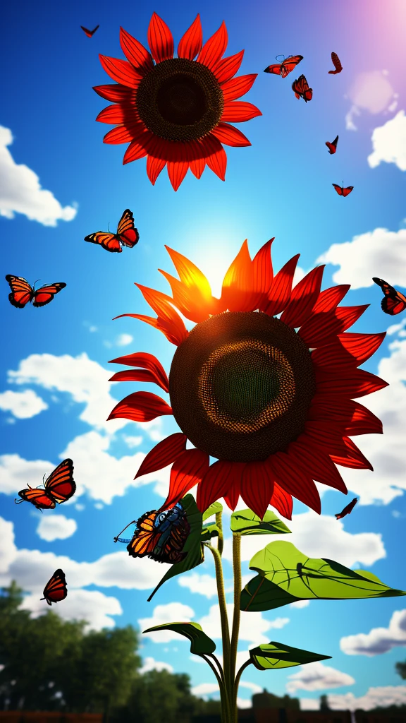 Create a picture of a 3D red sunflower floating on the mobile screen with some butterflies flying around., 3d (cyborg:1.1), hdr, details, hyperdetailed:1.2), Vignette, centered