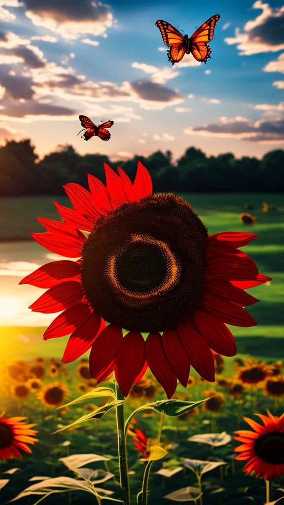 Create a picture of a 3D red sunflower floating on the mobile screen with some butterflies flying around., 3d (cyborg:1.1), hdr, details, hyperdetailed:1.2), Vignette, centered
