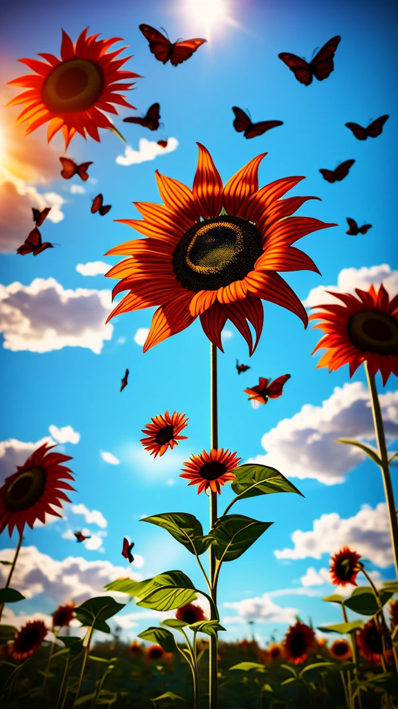 Create a picture of a 3D red sunflower floating on the mobile screen with some butterflies flying around., 3d (cyborg:1.1), hdr, details, hyperdetailed:1.2), Vignette, centered