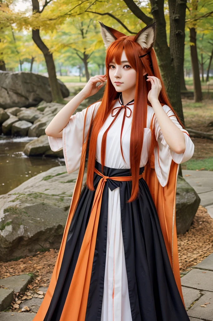 crossdressing,tsurime,orange eyes,fox_ears,Fox tail,red_hair,Low-tied long hair,hanfu,1boy