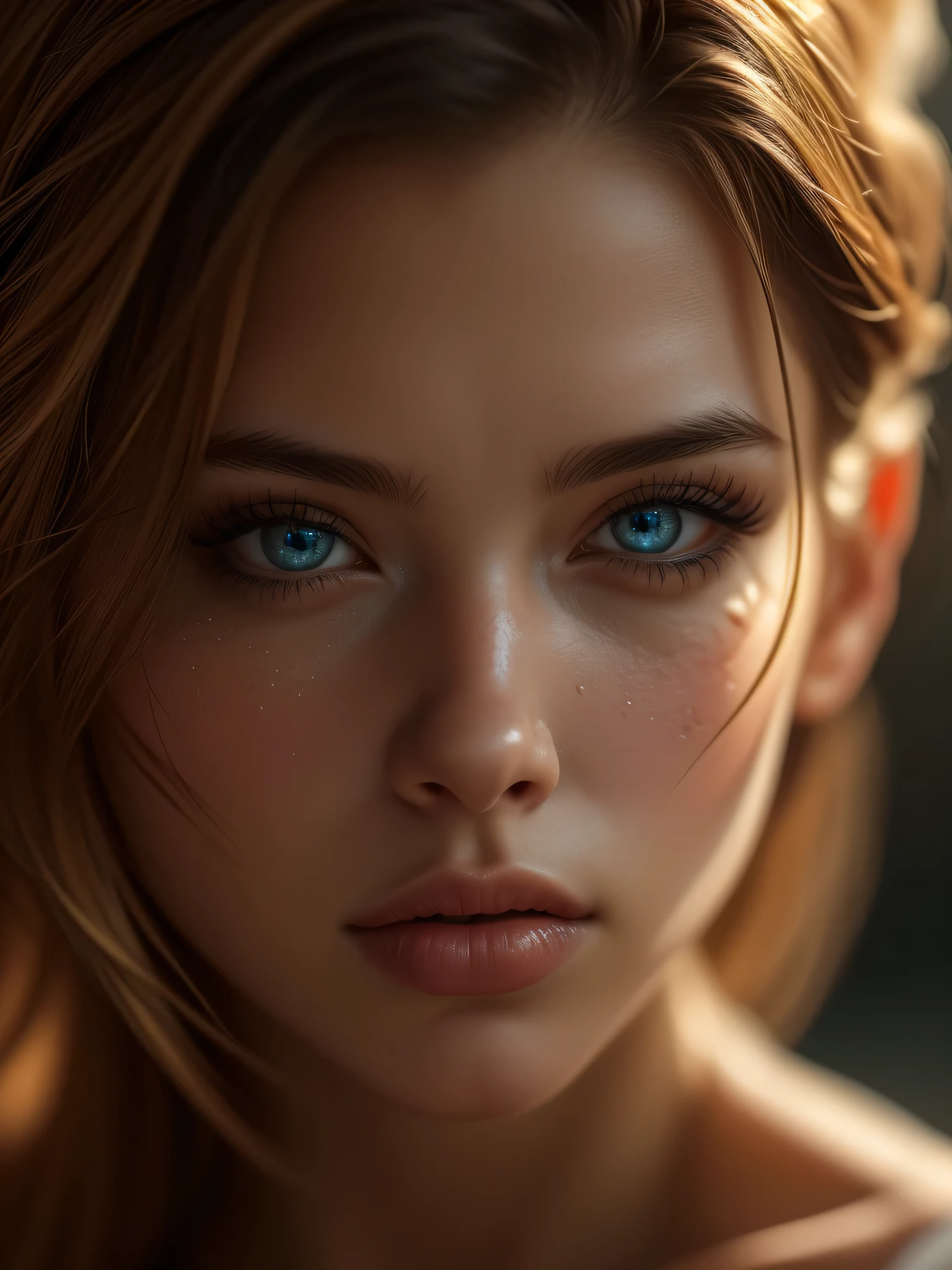 (((ultra realistic))) A close up Photo, masterpiece, top quality, (Ultra detailed face and eyes:1.3), 1 girl, astonishing beauty, (special attention to skin detail: 1.2),  Ultra detailed eyes, Erotic atmosphere, beautiful golden flowy hair, strong jaw line, perfect geometry 