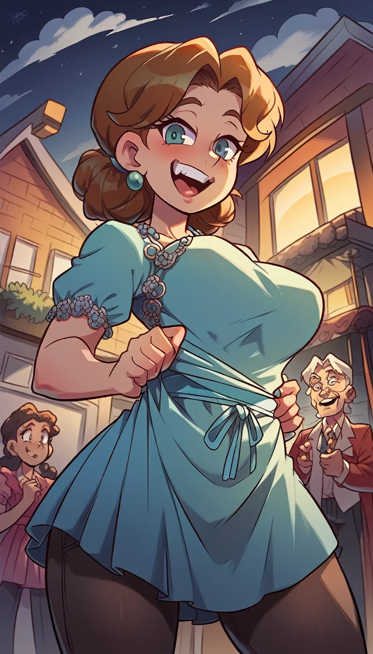 mother and daughter, 30-year-old woman, lascivious busty milf with brown hair dressed in coguar outfits that attract the attention of excited 18-year-olds with a mischievous smile. Her 18-year-old blonde daughter with a rebellious  dressed in modern clothes that a pissed off but excited street prostitute could wear with airs. of superiority, both are in the living room of their house dressed in daily clothes at night