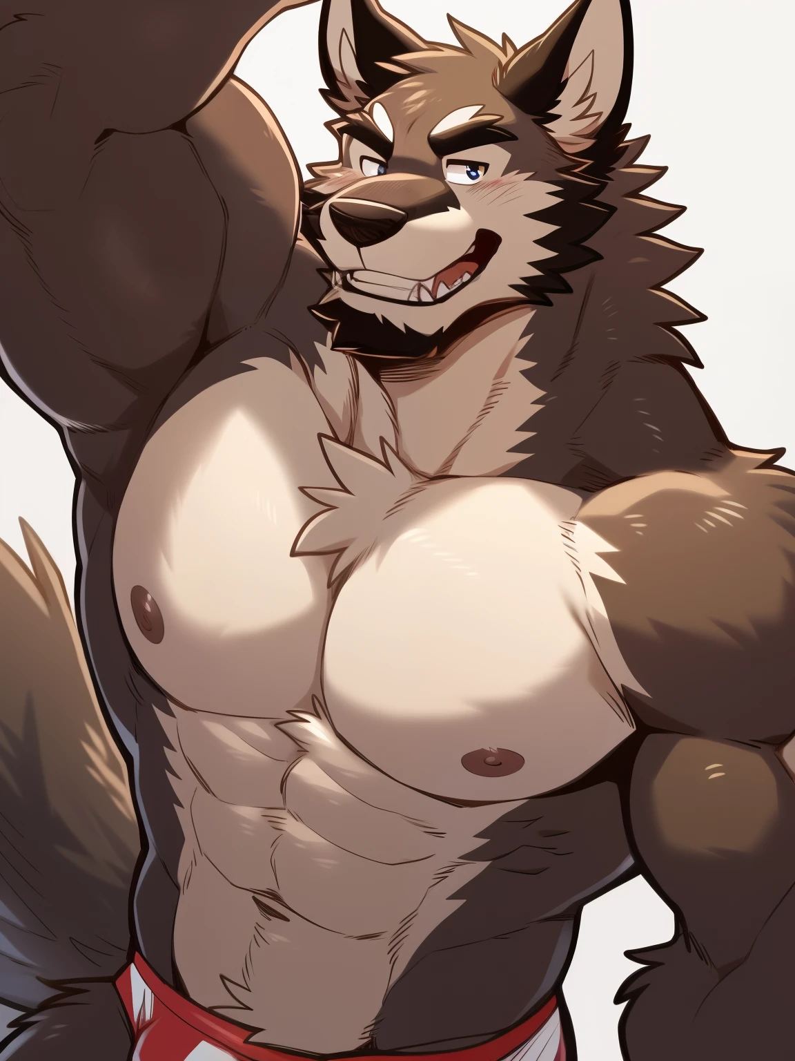 Author: Takemoto Arashi, (1 boy), One, Wolfhound, Men's Second, kemono,  Beautiful, sexual, Attractive guy, (Detailed eyes), brows, Teeth, fangs, (masterpiece, A high resolution, Best quality), 4K, a male, portrait, Beautiful shadow, pecs focus, nipples, underwear, 