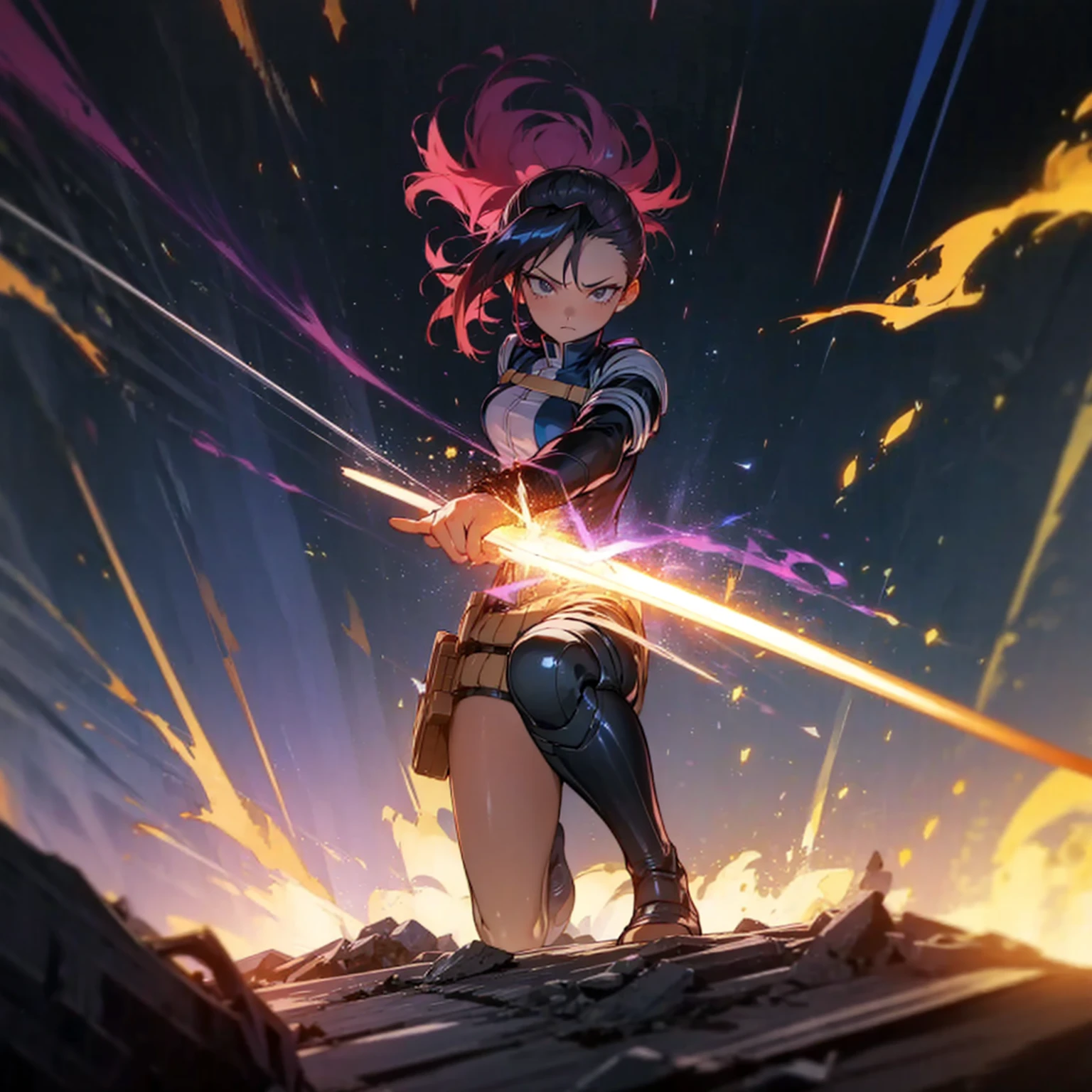 1girl, Full body version, 1character, black eyes, short Curly haircut, magenta color hair, army style clothing, blue colour clothing, full armor, boots army, Grassroots, background in field, motion blur, (kimetsu no yaiba style), Robotic sword in hand, fire, lighting fire, Blue light, silhouette, blue lightning, smoke, aura, smoke effect, aura effect, fire effect, angry eyes, standing gesture, high angle view