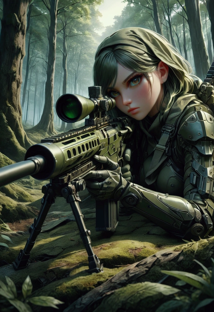 1girl, Sniper, A highly detailed, portrait of a skilled sniper in a camouflage uniform, lying prone with a high-powered sniper rifle, focused intently through the scope, surrounded by lush foliage in a forest environment, dramatic lighting, cinematic composition, hyper-detailed textures, muted color palette, gritty, masterpiece, best quality, very aesthetic, absurdres