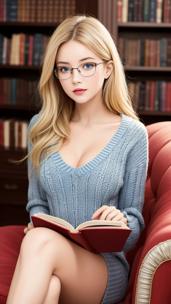 (best quality, ultra-detailed), a girl reading a textbook, beautiful detailed blue eyes, beautiful detailed lips, longeyelashes, studying, a quiet library, soft natural lighting, bookshelves filled with books, curled up on a cozy armchair, reading glasses, concentrated expression, flowing blonde hair, allured chest, small waist, hips, legs, plaid skirt and sweater, opened-leg sitting, from below, high-res image, vivid colors, ultra-realistic, bokeh, cleavage.