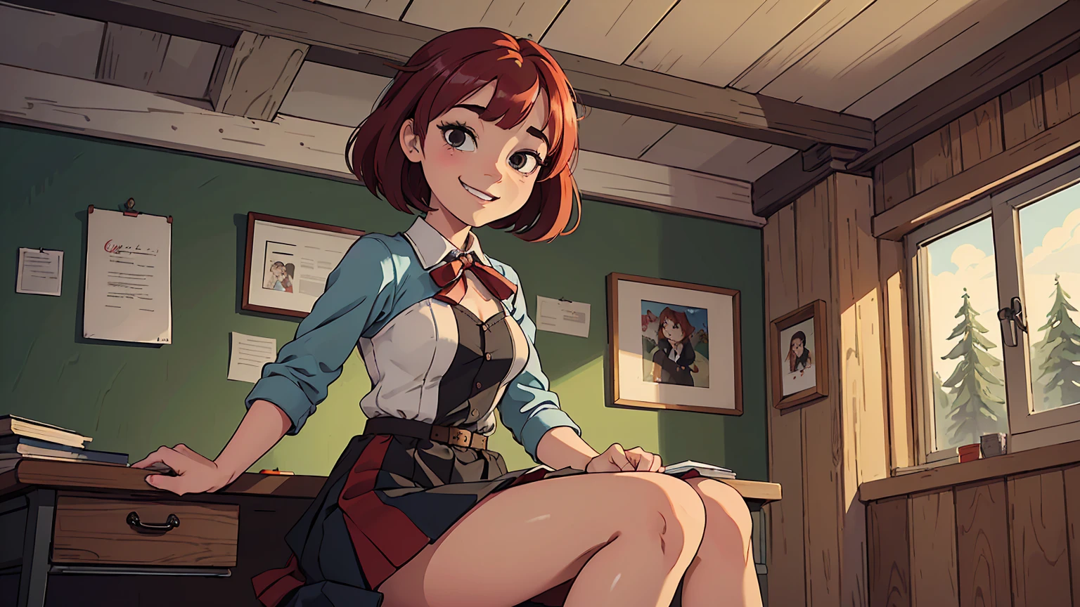 (Masterpiece:1.2, Best Quality, high resolution), 1 girl, Alone, from below, Ground shot, sitting at a desk, (beautiful face, detailed face, smiling, horny), Red hair, Skirt, Ribbons, Ribbons focus,((Girl&#39;s room background.)),
western cartoon style