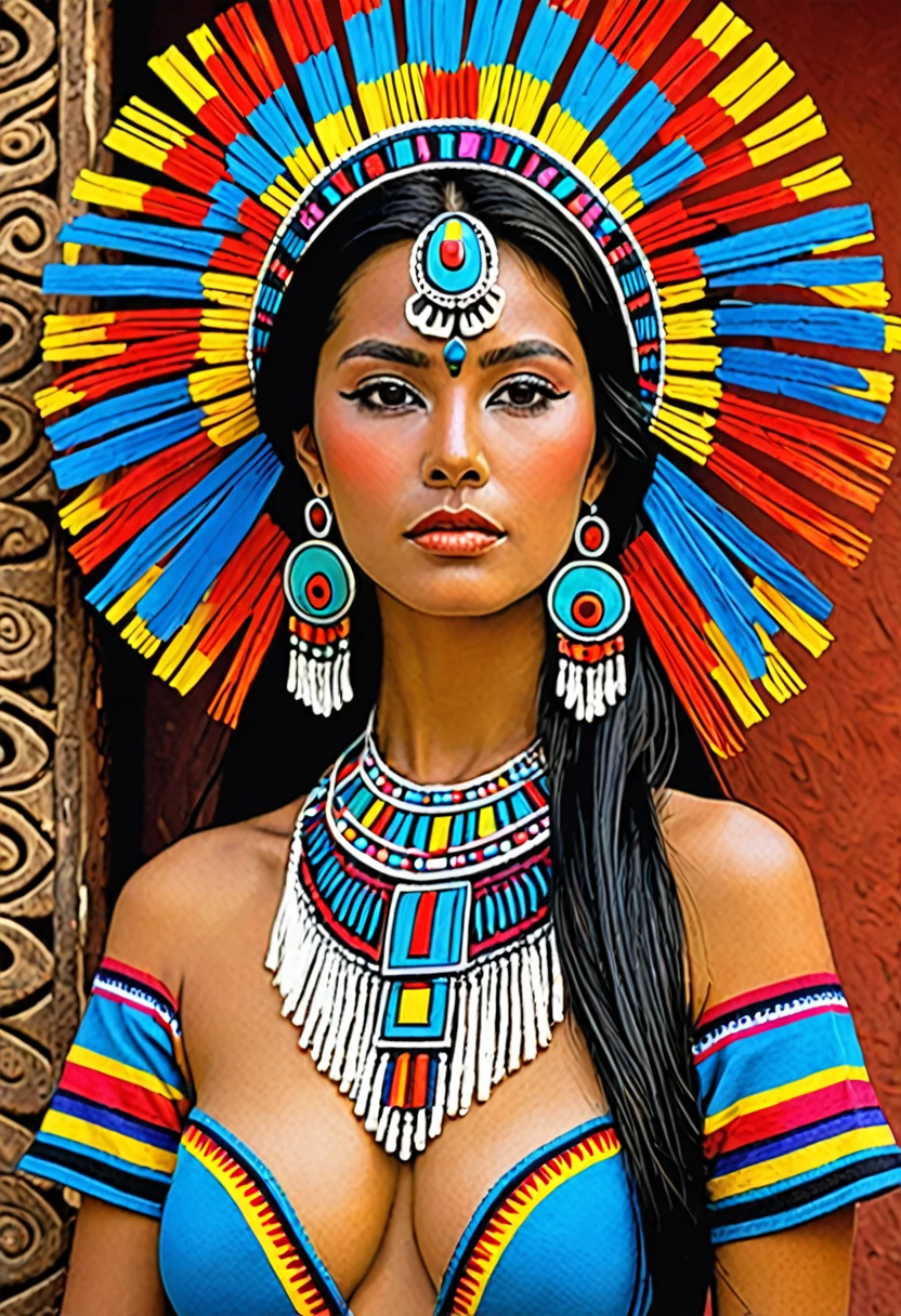 beautiful Aztec woman, dressed in a traditional Mexican dress with a mix of colors, extremely fitted, with a large neckline that reveals her voluminous ; the woman's suit shows off the woman's large ; very fitted dress that marks the woman's ; masterpiece, fine details on the woman's face, sensual and  look, sensual and  pose; masterpiece, intrinsic details,  pose; cinematographic image, masterpiece, high definition, fine details in shapes and colors