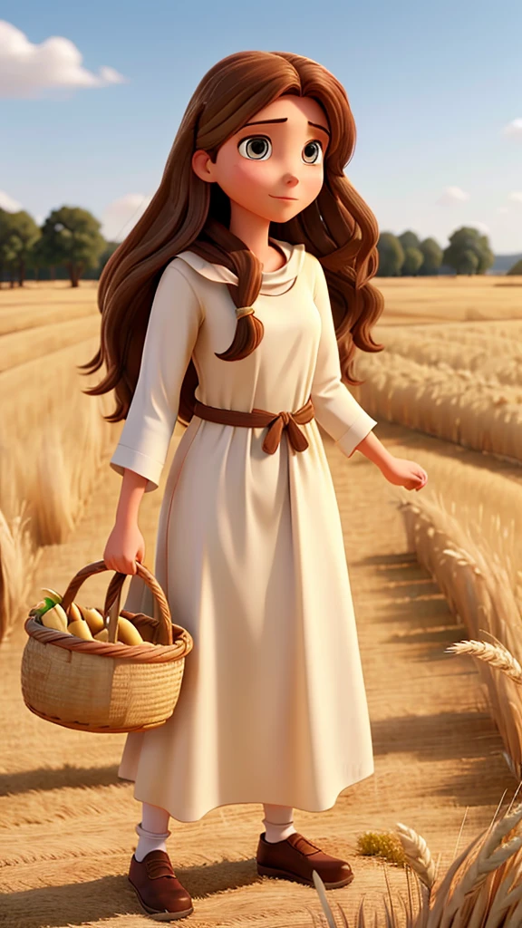 Woman with long brown hair, White skin, long tunic clothing like jesus, behind among wheat with a basket of wheat in his hand