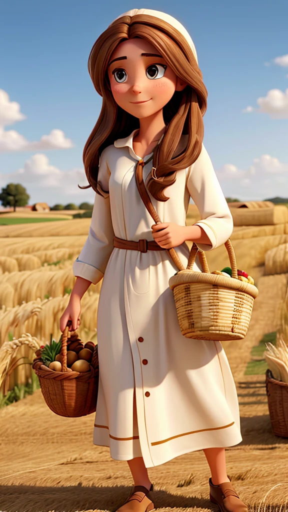 Woman with long brown hair, White skin, long tunic clothing like jesus, behind among wheat with a basket of wheat in his hand