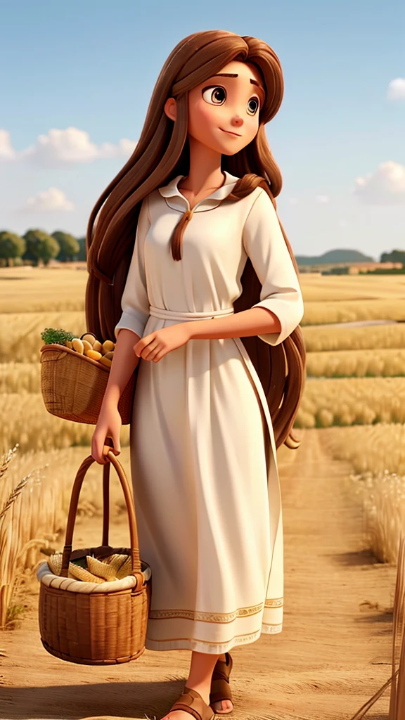 Woman with long brown hair, White skin, long tunic clothing like jesus, behind among wheat with a basket of wheat in his hand