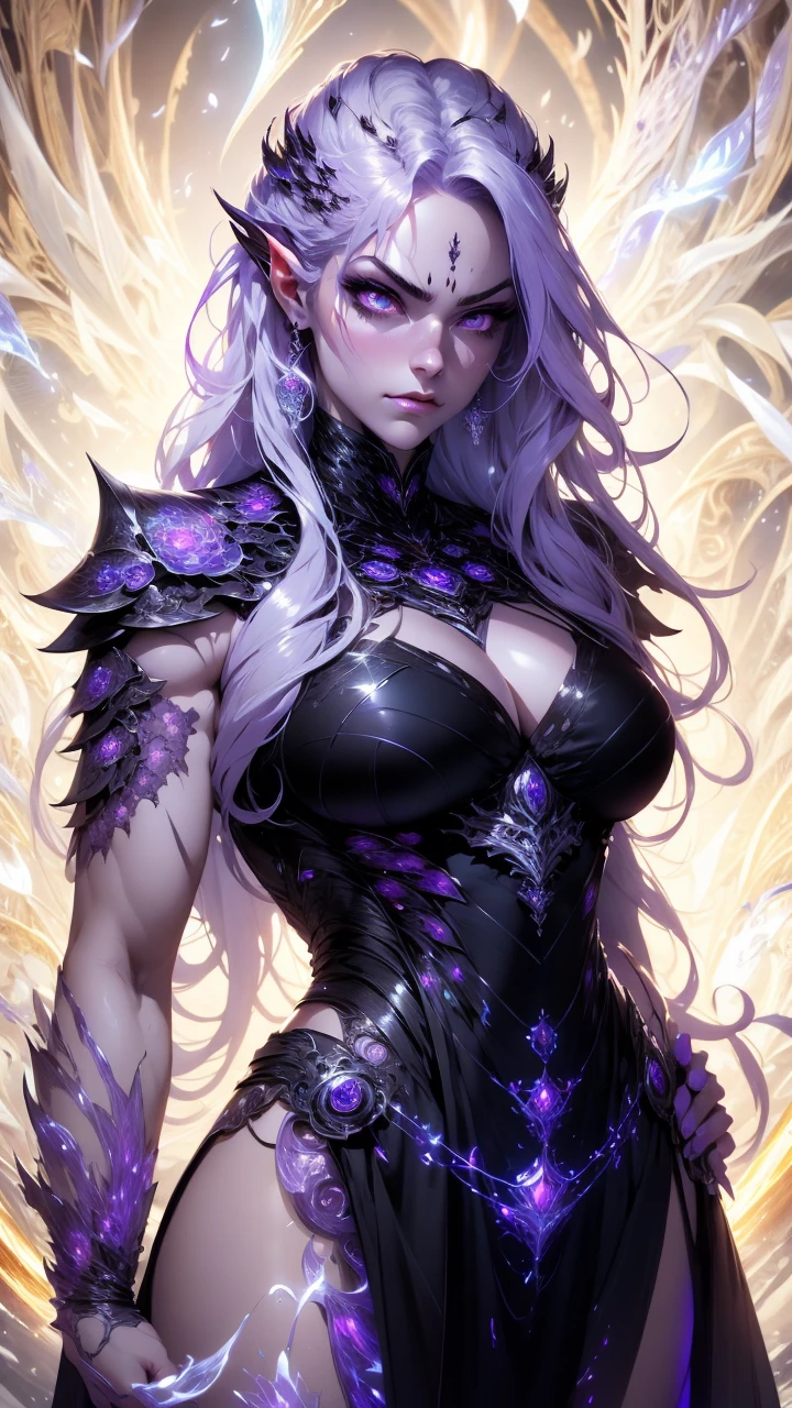 official arts, 8k unity wallpaper, ultra-detailed, beautiful and aesthetically pleasing, masterpiece, best quality, (fractal art: 1.3),female, 1 girl, magic woman, purple eyes, misterious smile, tall woman, very muscular, serious and and angry face, wavy messy white hair, black dress, shrouded in darkness, moving your hands creating a bluish aura that lights up your face