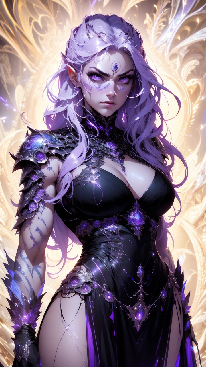 official arts, 8k unity wallpaper, ultra-detailed, beautiful and aesthetically pleasing, masterpiece, best quality, (fractal art: 1.3),female, 1 girl, magic woman, purple eyes, misterious smile, tall woman, very muscular, serious and and angry face, wavy messy white hair, black dress, shrouded in darkness, moving your hands creating a bluish aura that lights up your face