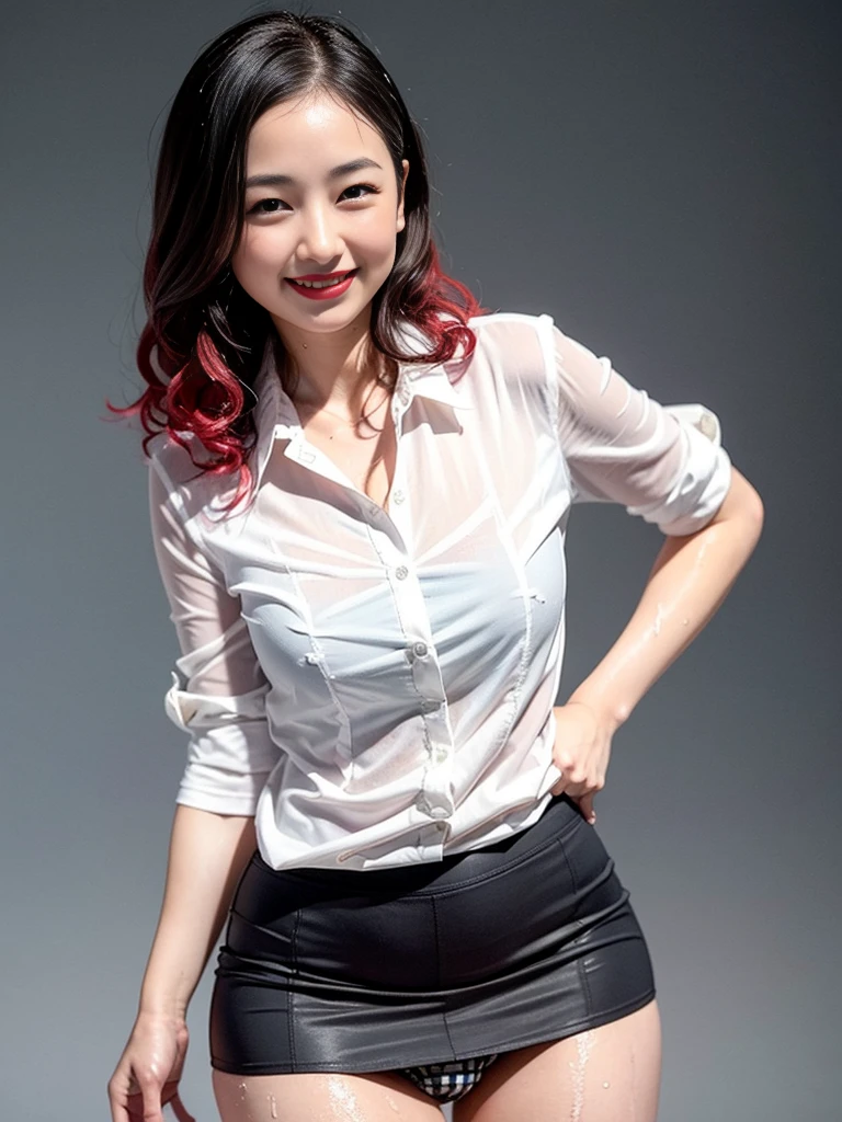 Gray background、pubic hair、Thighs、Red lipstick、Curly Hair、Disheveled Hair、Cute woman、high school girl、White shirt、smile、Open chest shirt、A wet shirt with underwear showing through、Wet Hair、Checkered mini skirt、