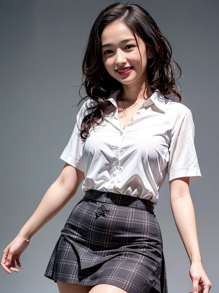 Gray background、pubic hair、Thighs、Red lipstick、Curly Hair、Disheveled Hair、Cute woman、high school girl、White shirt、smile、Open chest shirt、A wet shirt with underwear showing through、Wet Hair、Checkered mini skirt、
