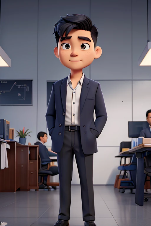 Asian man, undercut hairstyle, black office coat, light gray shirt, black office pants, standing in front of another Asian man wearing navy blue office coat, white shirt, navy blue office pants, both raising their left hand towards the camera