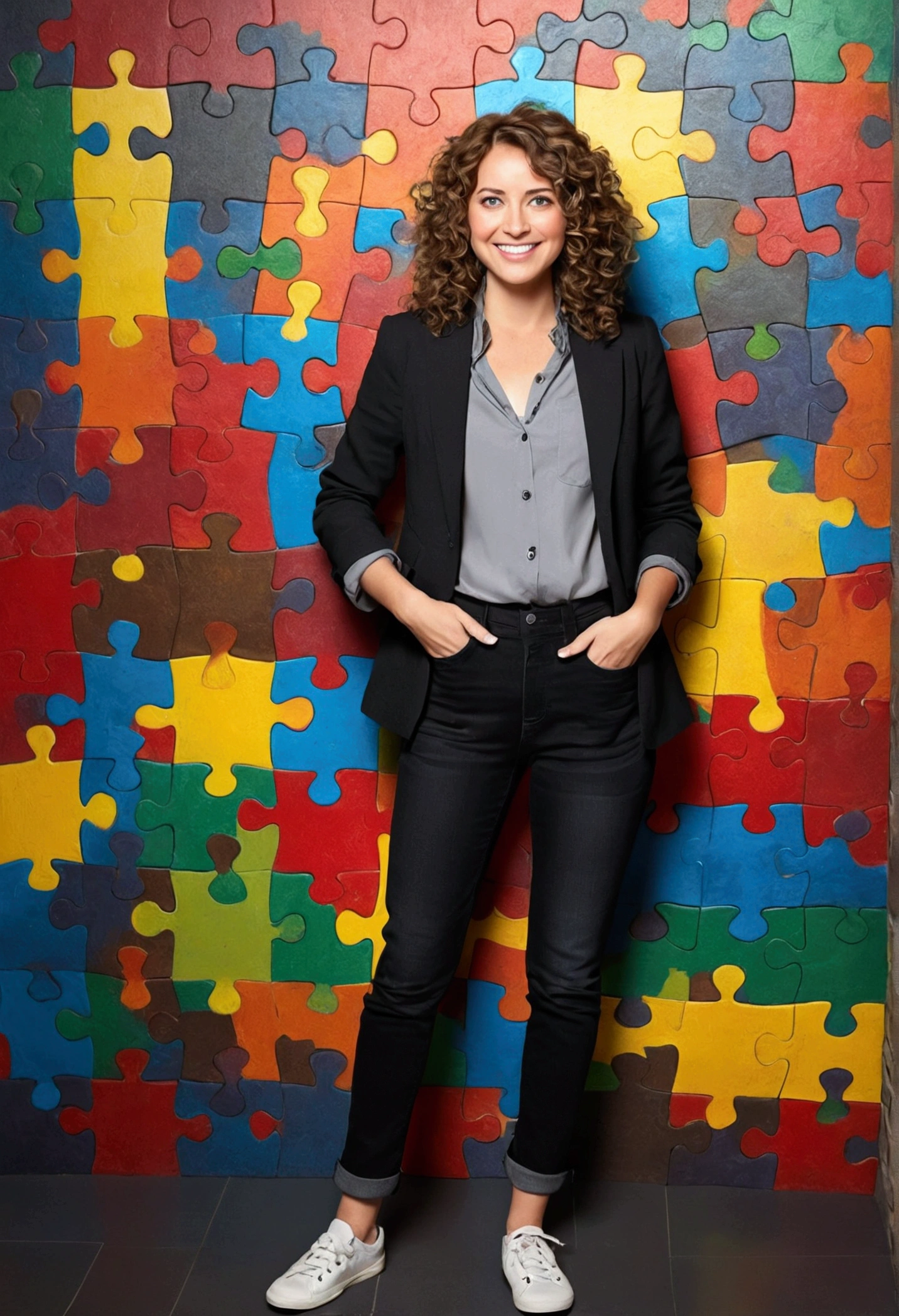 A 37 year old woman, with shoulder-length brown hair with lighter strands and very curly hair, round face with charming smile, blue colored eyes, full body, wearing an elegant gray shirt, black blazer, and black jeans and white sneakers. full - length portrait, behind a wall with red puzzle, cerulean, green and yellow. Develop this art Disney Pixar Animations Style