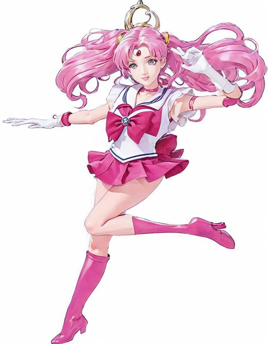 sailor girl in a pink dress and white top with a pink hair, sailor moon!!!!!!!!, the sailor moon. beautiful, pink iconic character, by Sailor Moon, sailor moon style, magical girl anime mahou shojo, inspired by Sailor Moon, pose(arms up + happy), style of magical girl, humanoid pink female squid girl, anime pose, shining pink armor