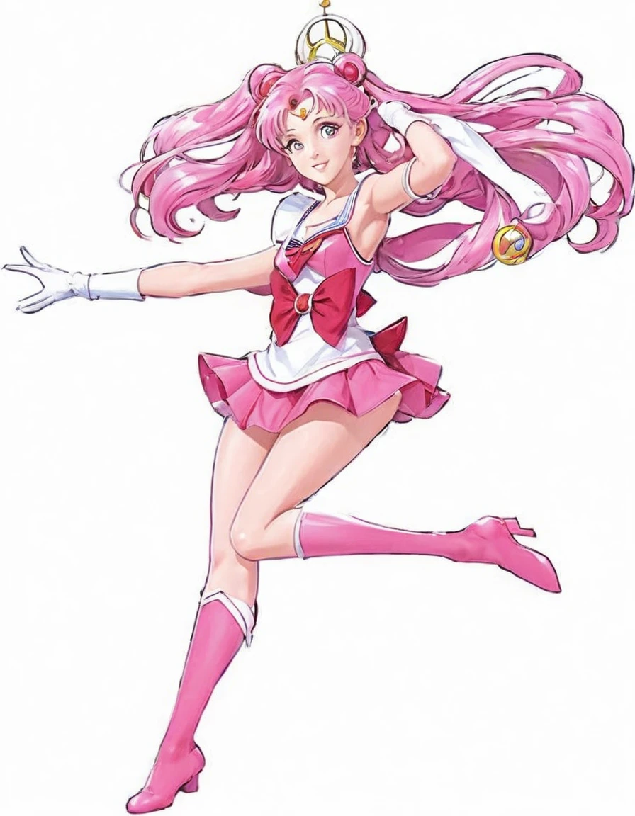 sailor girl in a pink dress and white top with a pink hair, sailor moon!!!!!!!!, the sailor moon. beautiful, pink iconic character, by Sailor Moon, sailor moon style, magical girl anime mahou shojo, inspired by Sailor Moon, pose(arms up + happy), style of magical girl, humanoid pink female squid girl, anime pose, shining pink armor