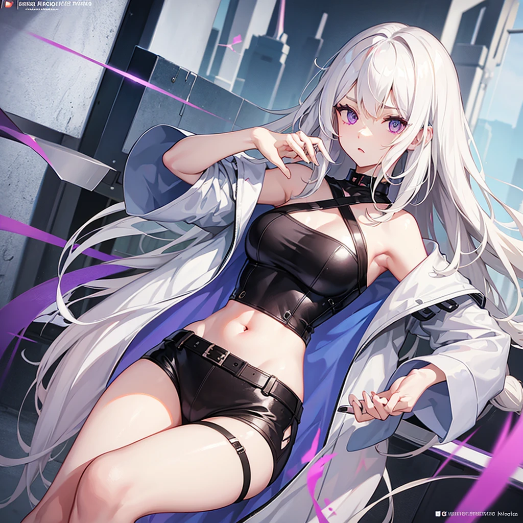 (masterpiece), best quality, expressive eyes, perfect face,1 girl, short spiky white hair, purple eyes, with bunny ears, star hair clips, white hoodie with a purple line in the middle, black panties, sexy socks, with bunny tail, flushed, ((big boobs))