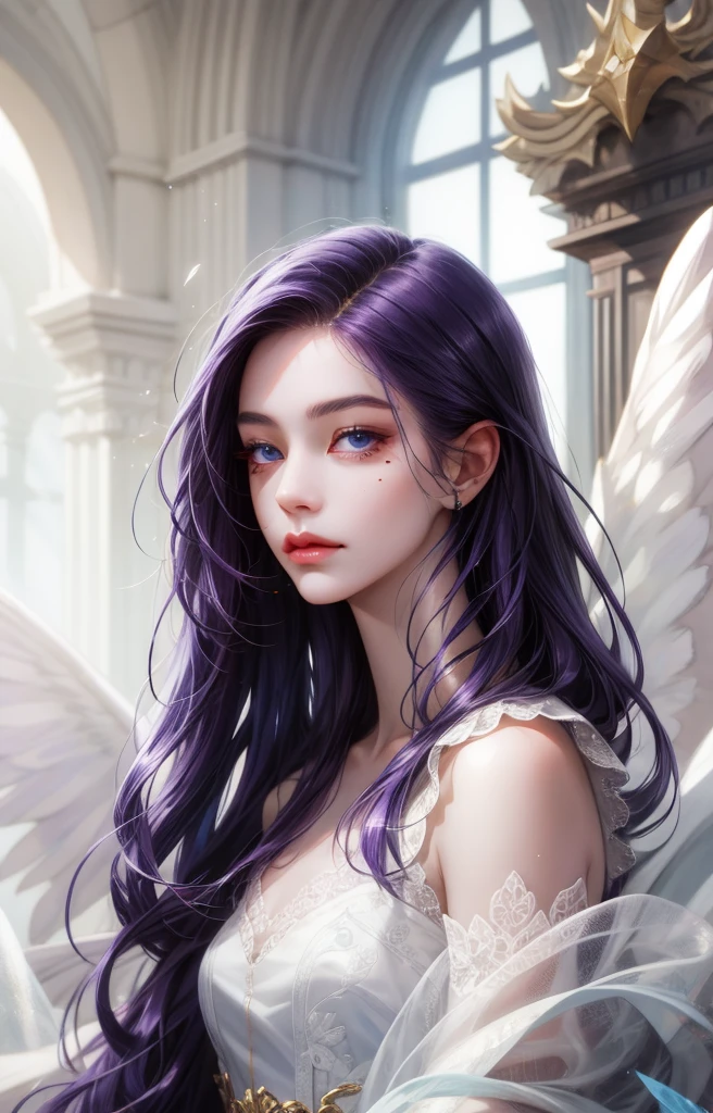Generate a pretty angel with glittering dark purple hair, loose curls, and long hair, and purple macro eyes. Her eyes are extremely detailed and high resolution, and should contain shades of purple with realistic shading, beautiful detailed eyes. She has dark skin. She is wearing delicate clothes of billowing silk, shimmering sink, and stunning feathers. archangel, silver ornaments, highlights, angel's city, fantasy, anime