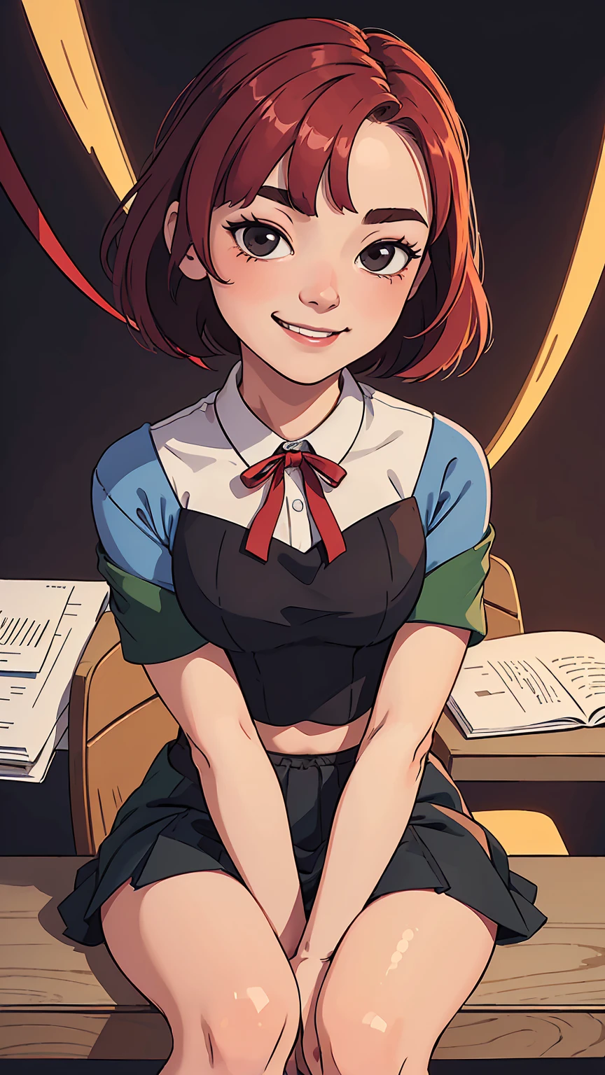 (Masterpiece:1.2, Best Quality, high resolution), 1 girl, Alone, from below, Ground shot, sitting at a desk, (beautiful face, detailed face, smiling, horny), Red hair, Skirt, Ribbons, Ribbons focus, neutral background, western cartoon style