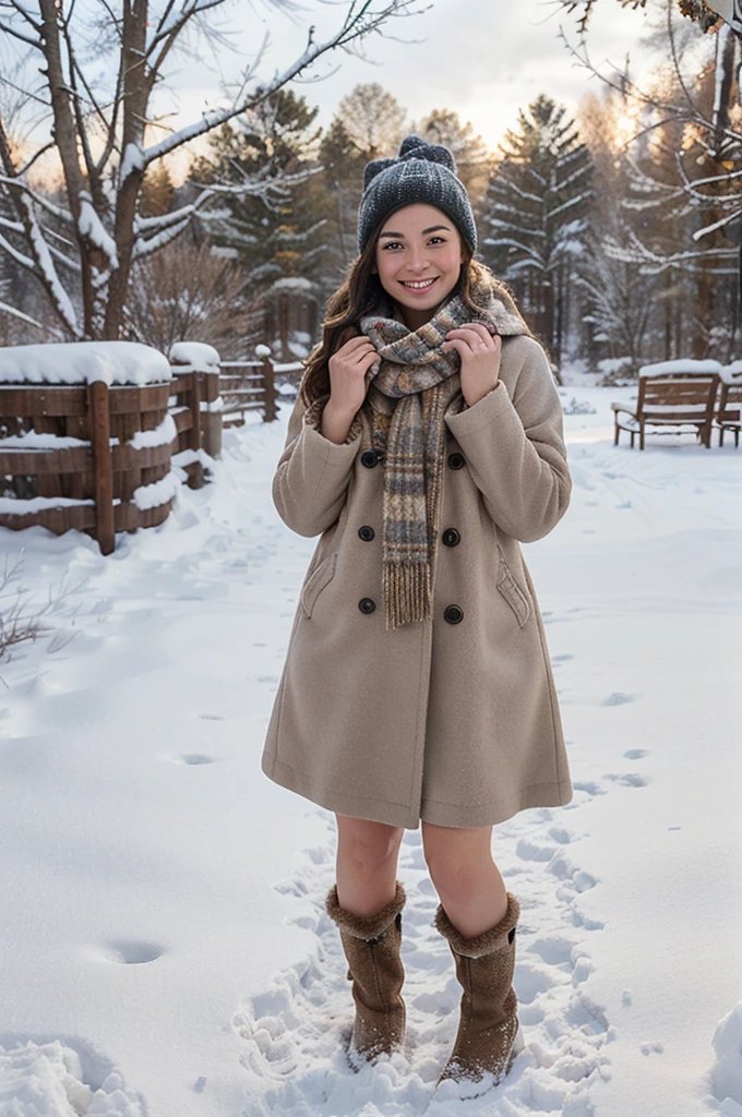 "A full-body image of a  brunette woman with freckles, looking playful and warm. She is dressed in a cozy winter coat, scarf, and boots, standing in a snowy landscape. She is holding a snowball and smiling, with a backdrop of snow-covered trees and a clear sky.