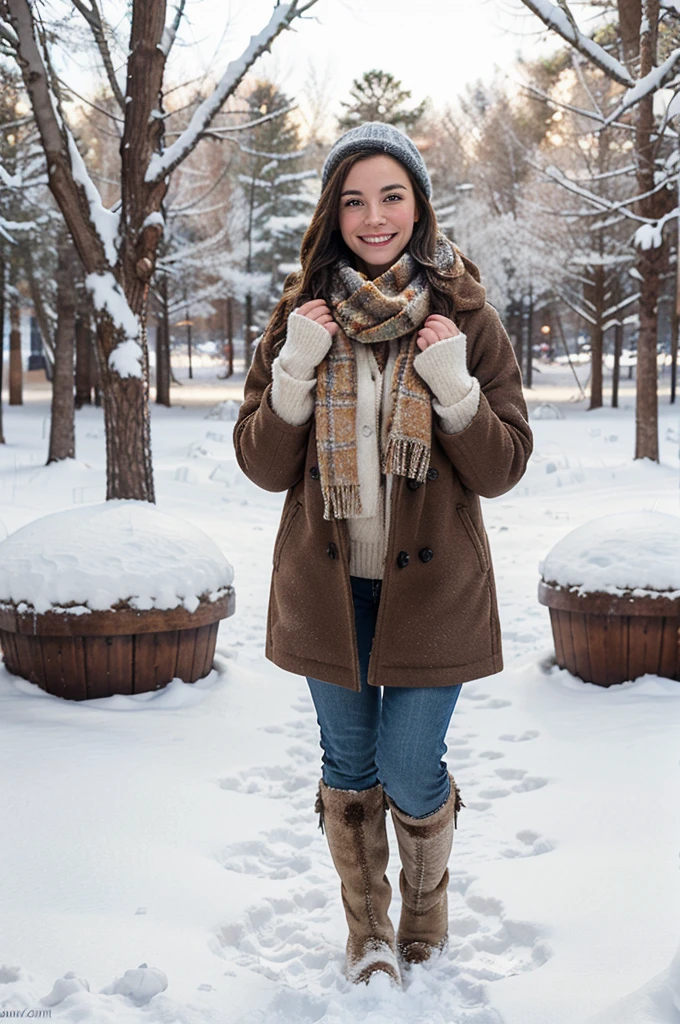 "A full-body image of a brunette woman with freckles, looking playful and warm. She is dressed in a cozy winter coat, scarf, and boots, standing in a snowy landscape. She is holding a snowball and smiling, with a backdrop of snow-covered trees and a clear sky.