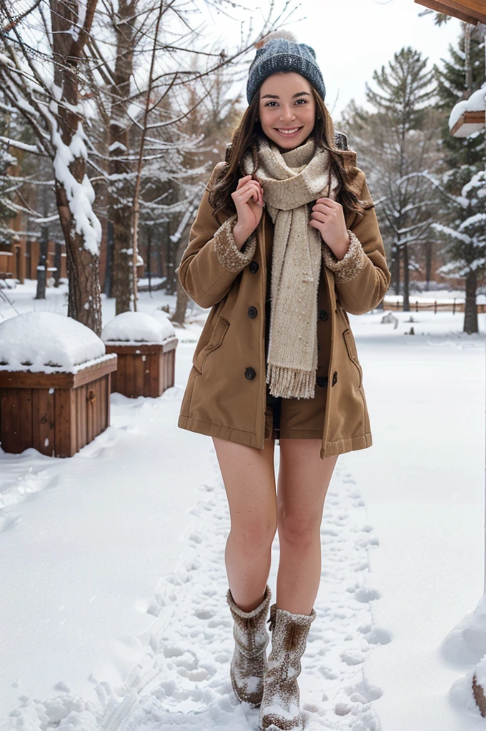 "A full-body image of a brunette woman with freckles, looking playful and warm. She is dressed in a cozy winter coat, scarf, and boots, standing in a snowy landscape. She is holding a snowball and smiling, with a backdrop of snow-covered trees and a clear sky.