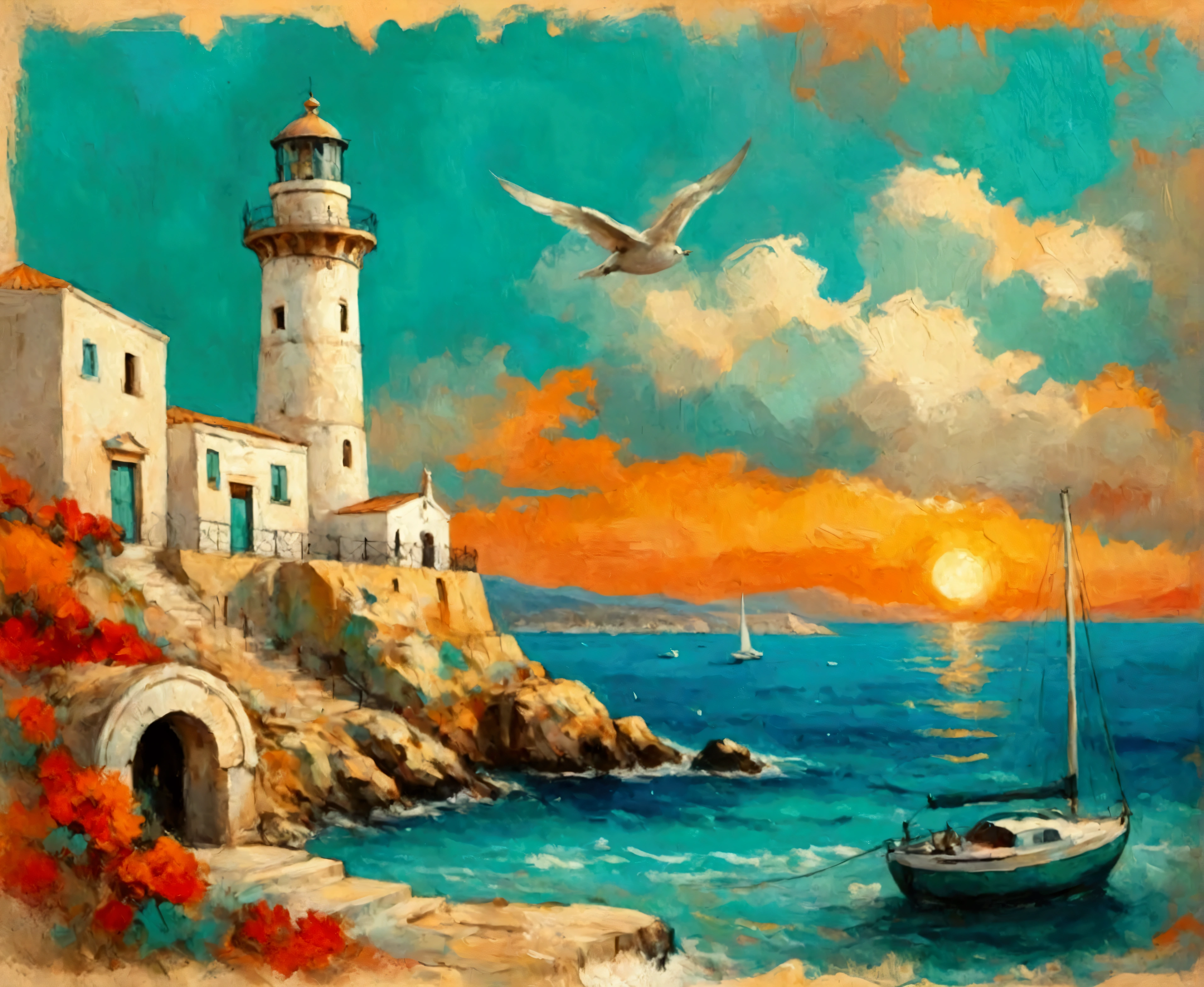a thick textured oil painting, impasto brushstrokes, dry brushing,revealing underlayers, breathtaking composition, Create an art deco inspired illustration of A scenic lighthouse Chania Lighthouse (Greece), overlooking the turquoise waters of sunset. Include vibrant pastel colors, sleek lines, and a retro summer atmosphere. The style should be reminiscent of vintage travel posters with a modern twist, breathtaking composition, wall art decor, Chania Lighthouse (Greece), Chania Lighthouse (Greece)