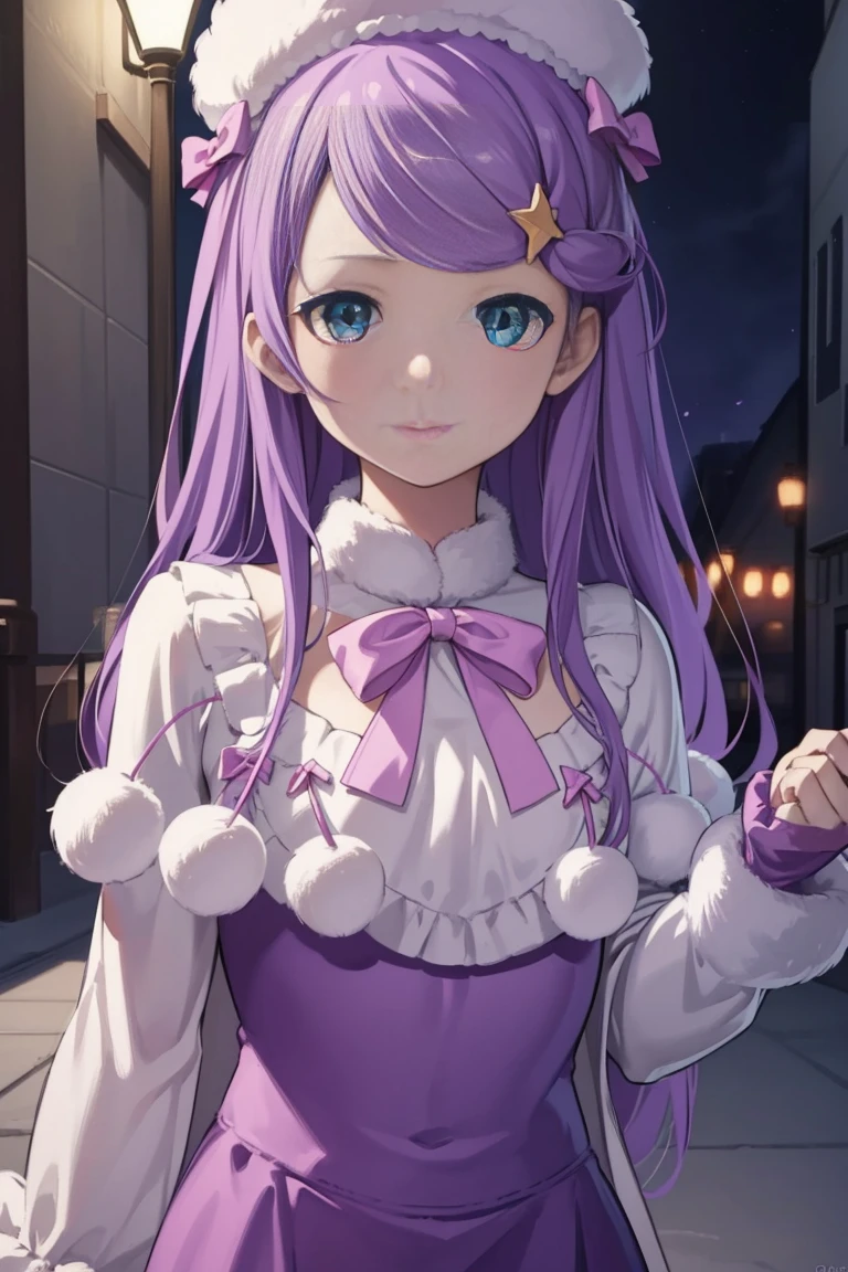 Anastasia Hosing, Anastasia Farshin, Long hair, blue eyes, Purple Hair, side fringe,
rest hair ornament, Long sleeve, have, skirt, bow, Star \(Symbolism\), white skirt, Fur trim, White headdress, pink bow, Pompom \(clothing\), Star hair ornament,
rest looking at viewer, whole body,
rest indoors,
rest (masterpiece:1.2), best quality, high resolution, Unity 8K wallpaper, (illustration:0.8), (Beautiful and delicate eyes:1.6), Extremely detailed face, Perfect lighting, Extremely detailed CG, (Perfect hands, Perfect anatomical structure),